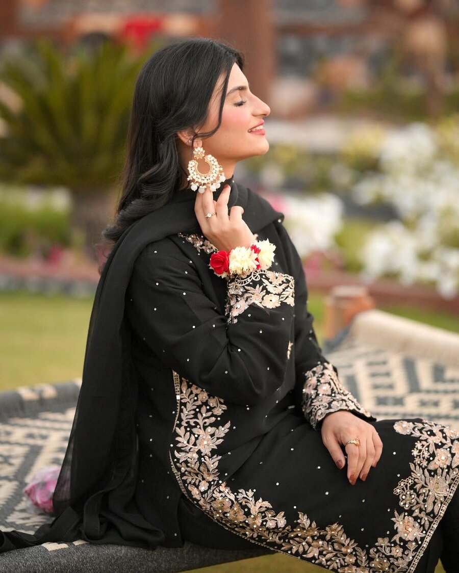 LATEST FAUX GEORGETTE EMBROIDERY AND RIVETED MOTI WORK TOP BOTTOM WITH DUPATTA BLACK