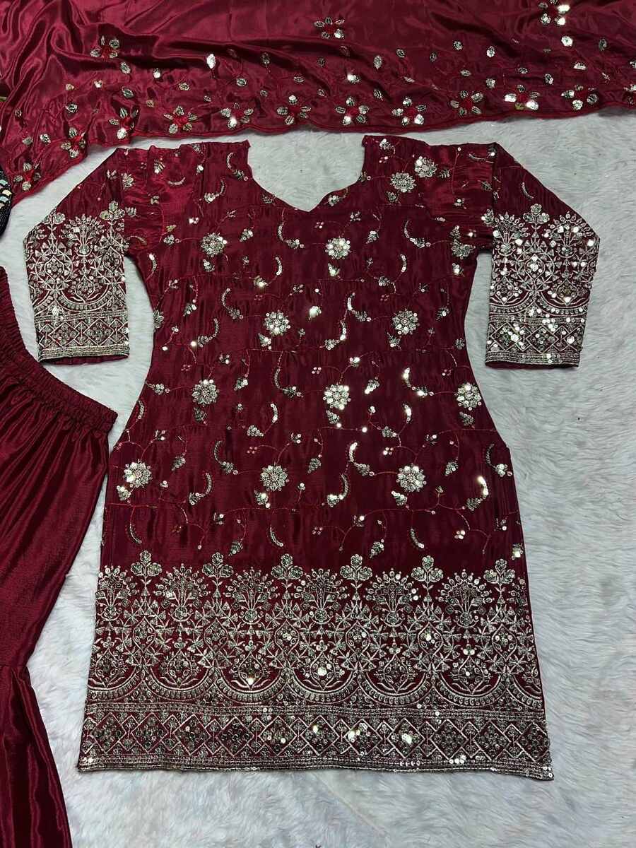 ATTRACTIVE CHINON SILK SEQUENCE EMBROIDERY WORK TOP SHARARA WITH DUPATTA MAROON