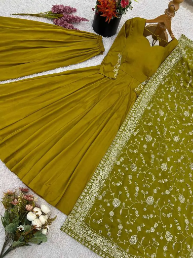 DESIGNER GERMAN CHIFFON EMBROIDERY SEQUENCE WORK GOWN PALAZZO WITH DUPATTA MEHNDI