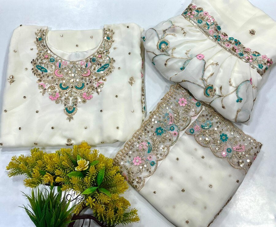 DESIGNER GEORGETTE SEQUENCE THREAD EMBROIDERY WOTK TOP SHARARA WITH DUPATTA OFF WHITE
