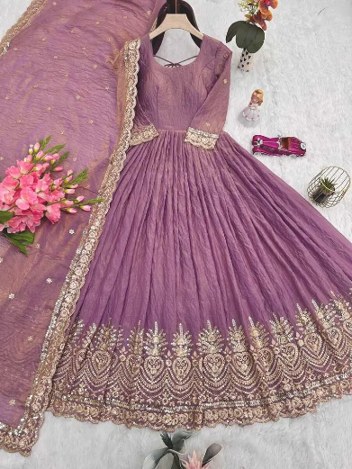 DESIGNER FENDY SILK EMBROIDERY SEQUENCE WORK GOWN WITH DUPATTA LAVENDER