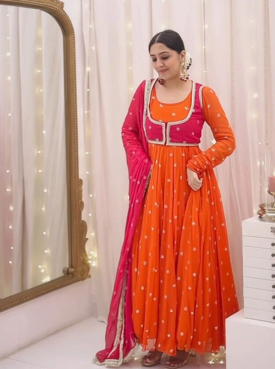 RICH LOOK GEORGETTE THREAD & SEQUENCE WORK ANARAKALI WITH KOTI ,BOTTOM AND DUPATTA ORANGE