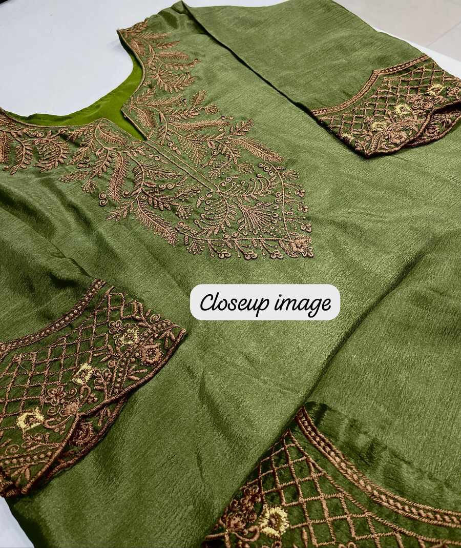 FANCY HEAVY CHINON SILK EMBROIDERY WORK TOP DHOTI WITH DUPATTA MEHENDI