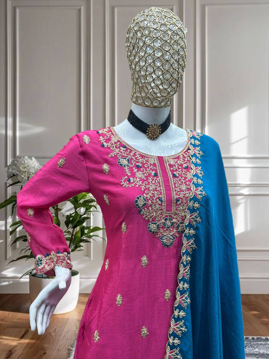 MODERN CHINON EMBROIDERY SEQUENCE CODING DESIGN WORK TOP PALAZZO WITH DUPATTA IN XL