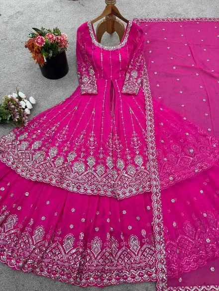RICH LOOK GEORGETTE EMBROIDERY SEQUENCE WORK TOP LEHENGA WITH DUPATTA PINK