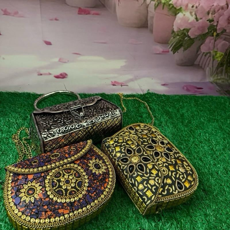 Handcrafted Modern Mosaic Evening Clutches for Women Indian Artisans' Metal Purse Accessory for Parties and Special Events