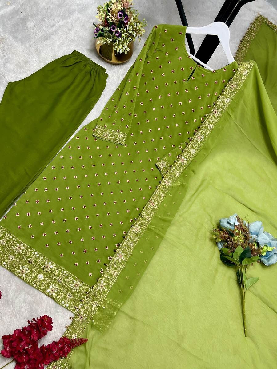 ATTRACTIVE GEORGETTE EMBROIDERY SEQUENCE WORK TOP BOTTOM WITH DUPATTA PARROT GREEN