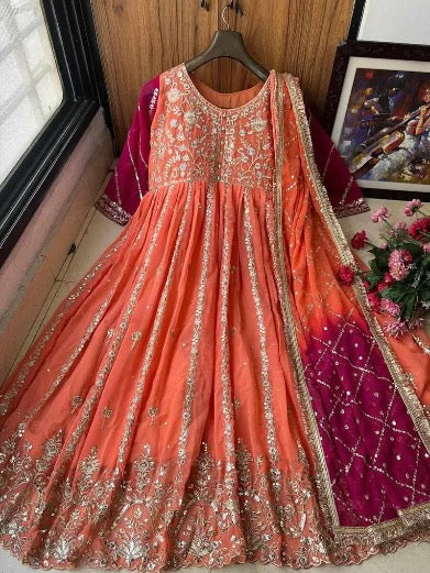 FANCY GEORGETTE SEQUENCE EMBROIDERY WORK GOWN WITH DUPATTA ORANGE