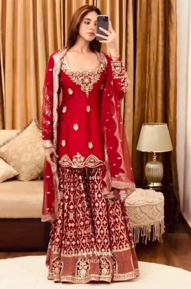 FANCY GEORGETTE EMBROIDERY SEQUENCE WORK TOP SHARARA WITH DUPATTA RED SIZE XL