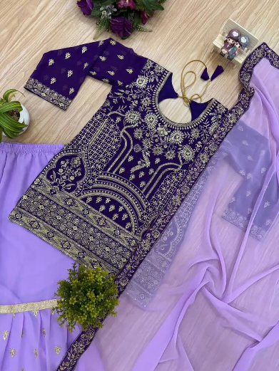RICH LOOK GEORGETTE EMBROIDERY WORK TOP SHARARA WITH DUPATTA PURPLE