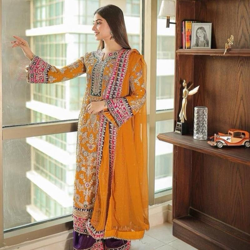 NEW ARRIVAL GEORGETTE EMBROIDERY WORK TOP PALAZZO WITH DUPATTA Womenswear