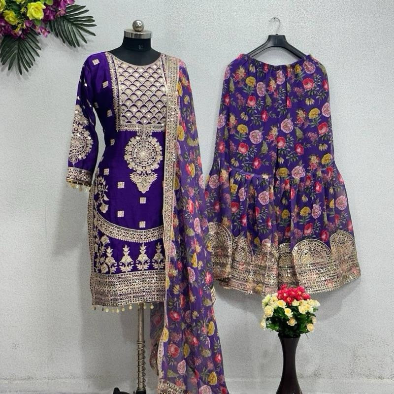 FASHIONABLE CHINON SILK CHINE SEQUENCE WORK TOP SHARARA WITH DUPATTA