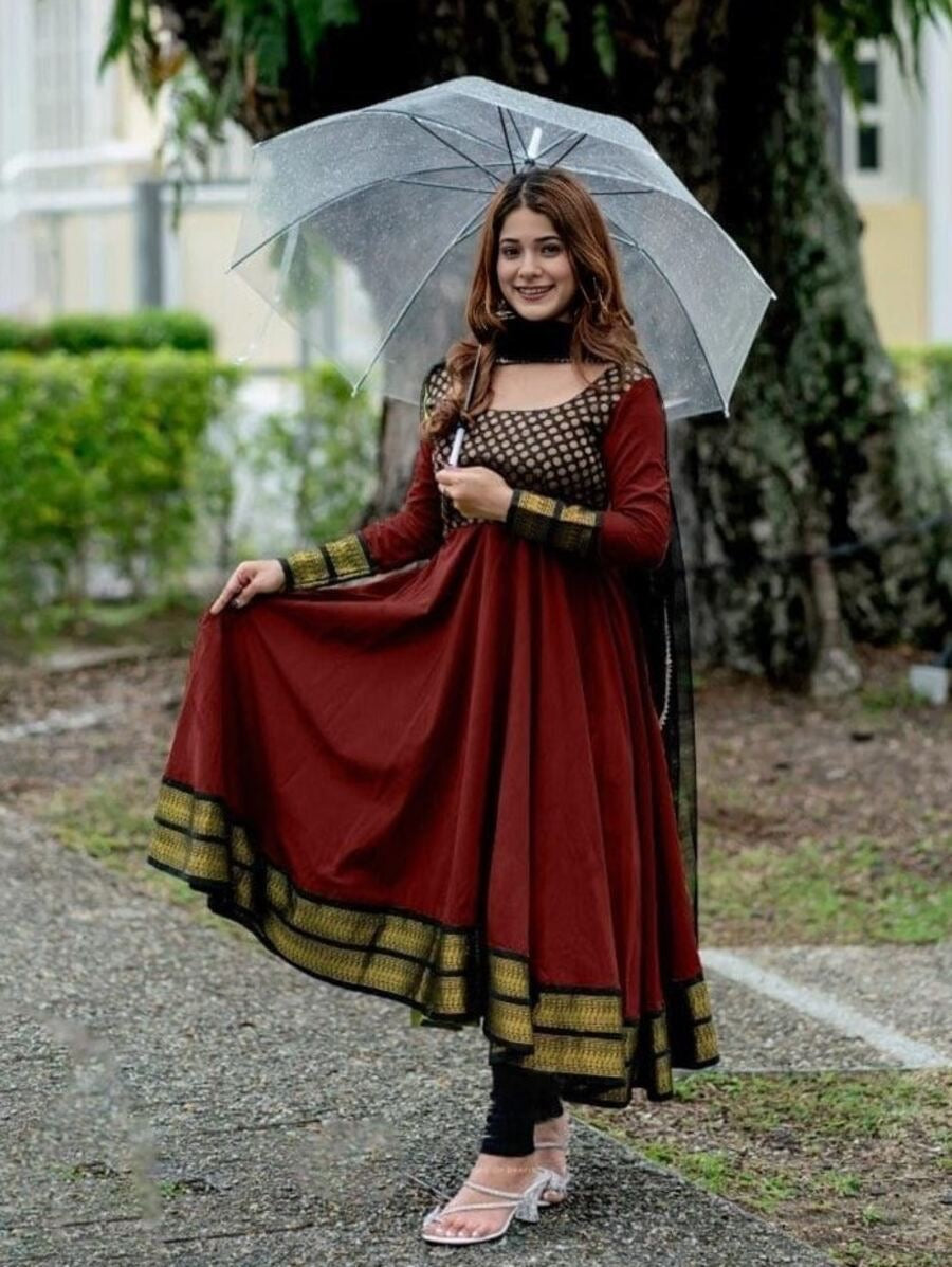 MOST PICKED VICHITRA SILK JACQUARD WORK ANARKALI TOP WITH DUPATTA 2PC SET.