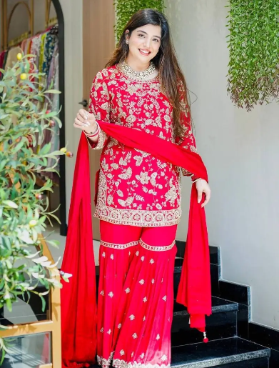 RICH LOOK GEORGETTE EMBROIDERY SEQUENCE WORK TOP SHARARA WITH DUPATTA RED