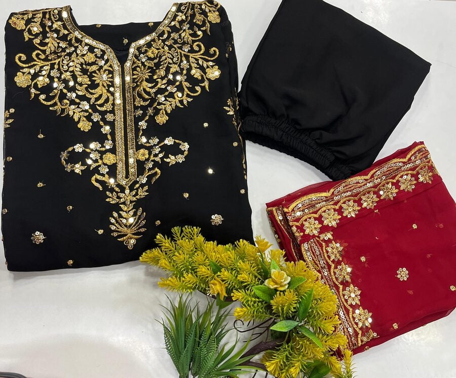 NEW ARRIVAL GEORGETTE SEQUENCE EMBROIDERY WORK TOP BOTTOM WITH DUPATTA BLACK