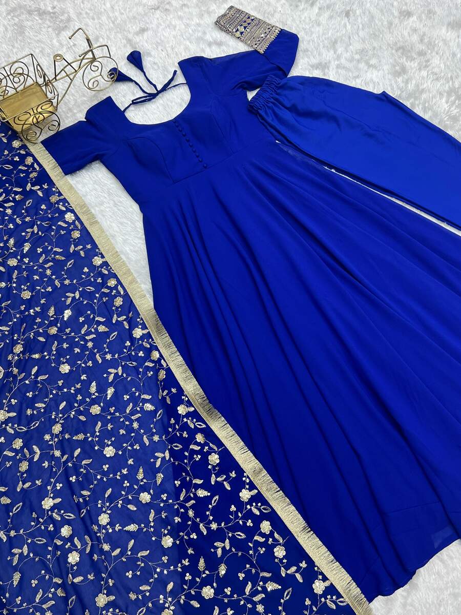 FASHIONABLE GEORGETTE SEQUENCE ZARI WORK GOWN PENT WITH DUPATTA BLUE