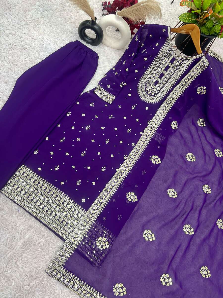 DESIGNER GEORGETTE EMBROIDERY SEQUENCE MOTI WORK TOP BOTTOM WITH DUPATTA PURPLE