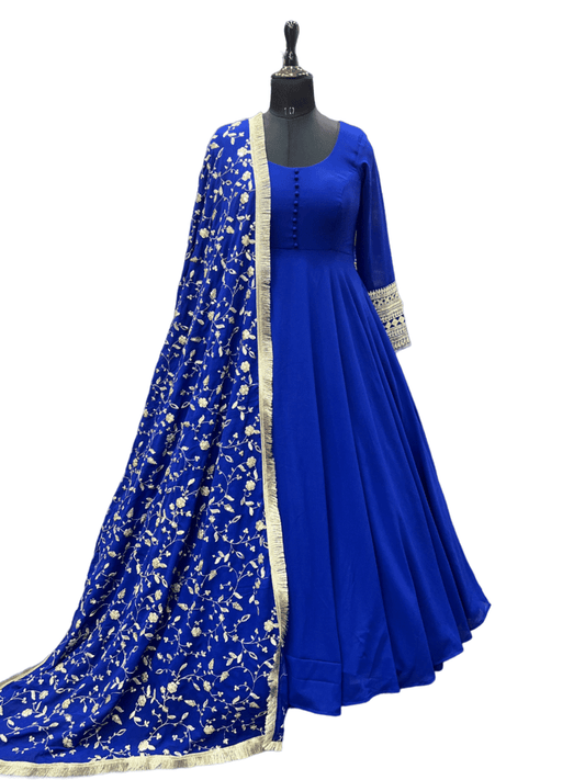 FASHIONABLE GEORGETTE SEQUENCE ZARI WORK GOWN PENT WITH DUPATTA BLUE