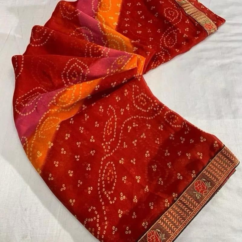 INDIAN FANCY GEORGETTE LACE WORK BANDHNI SAREE WITH UNSTITCHED BLOUSE