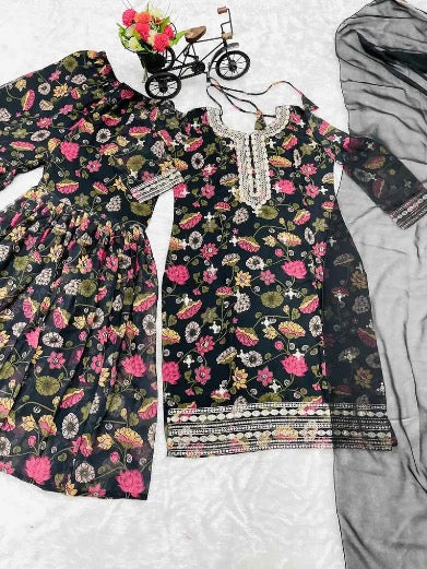 FANCY GEORGETTE DIGITAL PIRNT EMBROIDERY WORK TOP SHARARA WITH DUPATTA MOTHER DAUGHTER COMBO BROWN