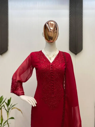 DESIGNER GEORGETTE SEQUENCE EMBROIDERY WORK TOP BOTTOM WITH DUPATTA RED