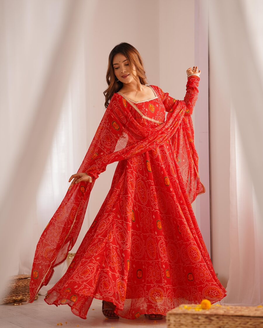 FANCY CHIFFON BANDHEJ PRINTED LACE WORK GOWN BOTTOM WITH DUPATTA
