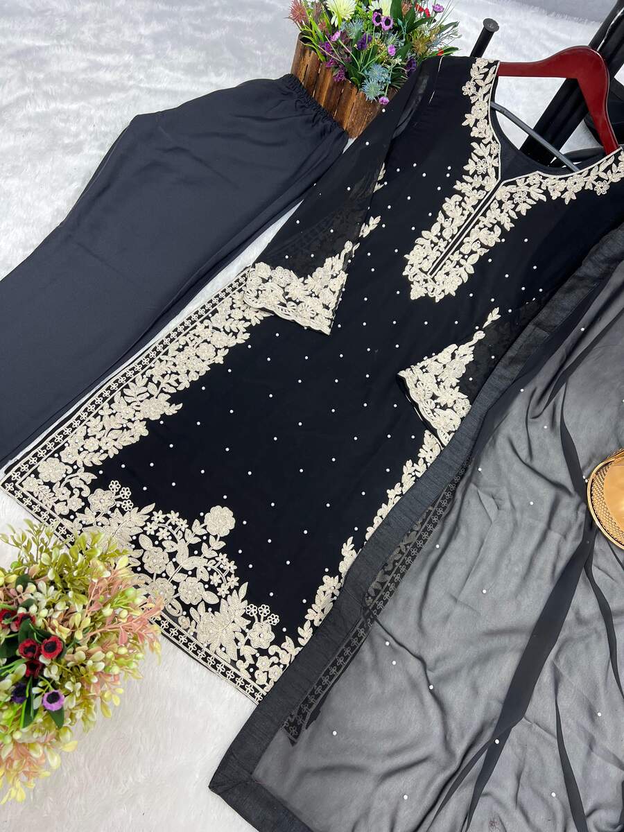 LATEST FAUX GEORGETTE EMBROIDERY AND RIVETED MOTI WORK TOP BOTTOM WITH DUPATTA BLACK
