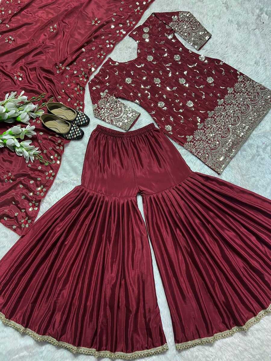 ATTRACTIVE CHINON SILK SEQUENCE EMBROIDERY WORK TOP SHARARA WITH DUPATTA MAROON