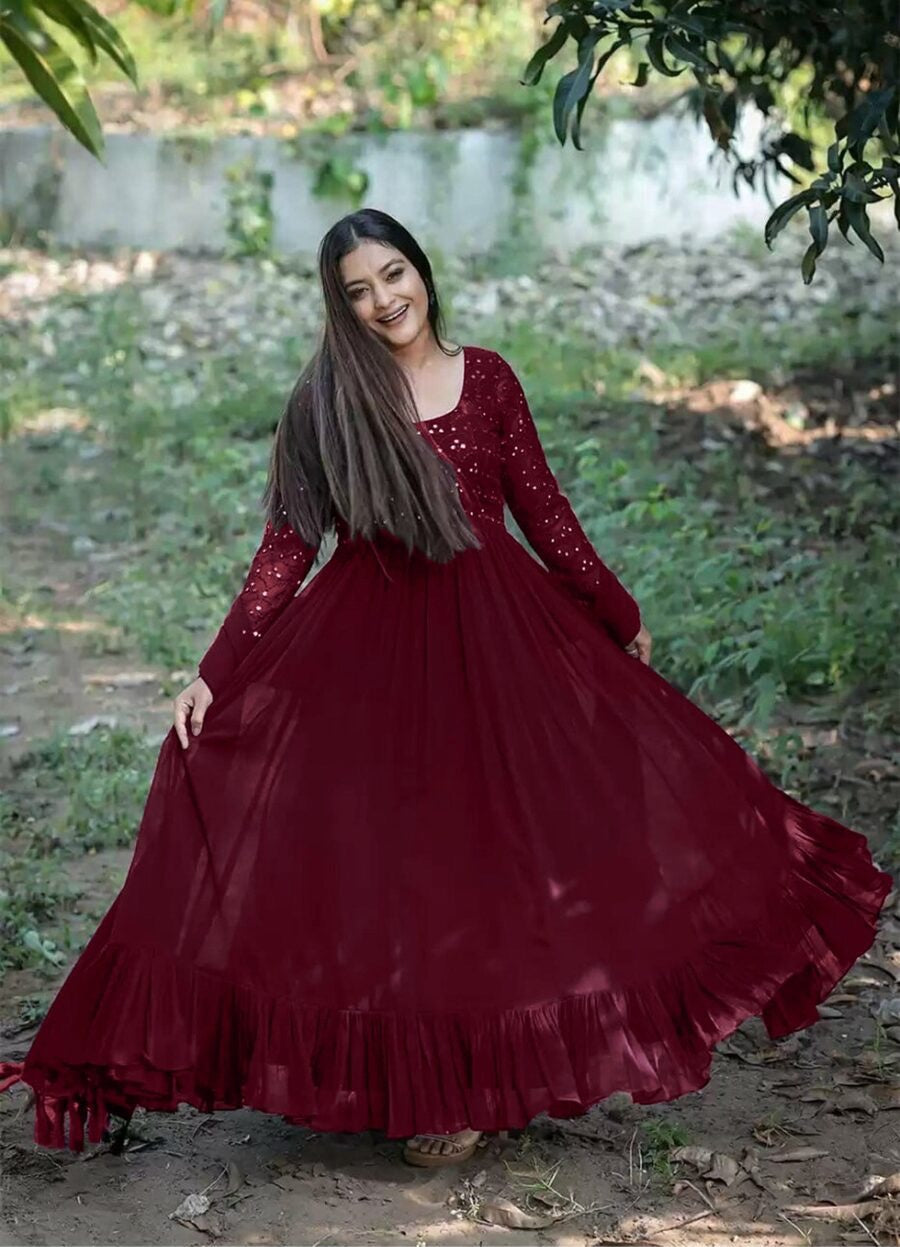 ATTRACTIVE GEORGETTE THREAD SEQUENCE ANARKALI GOWN WITH DUPATTA MAROON