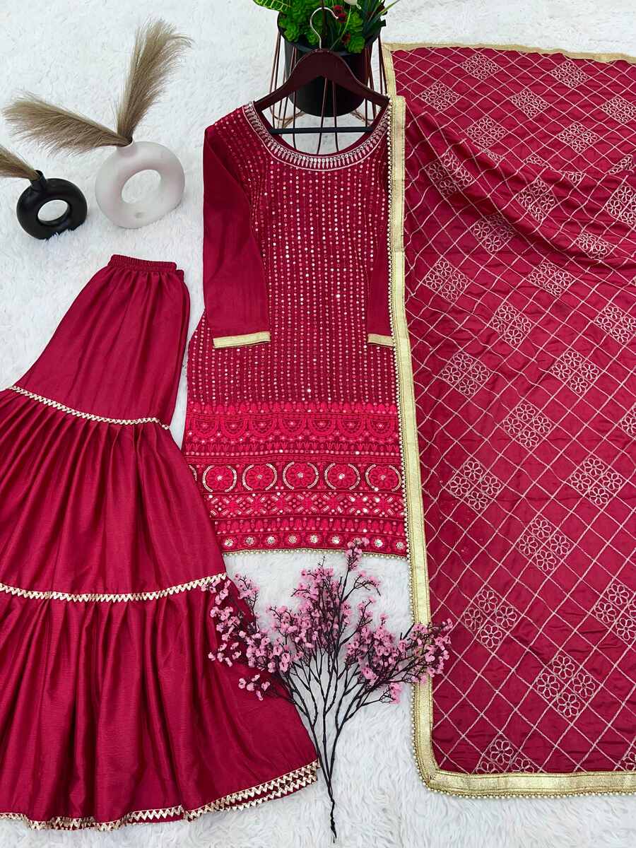 FANCY GEORGETTE EMBROIDERY SEQUENCE MOTI LACE WORK TOP SHARARA WITH DUPATTA