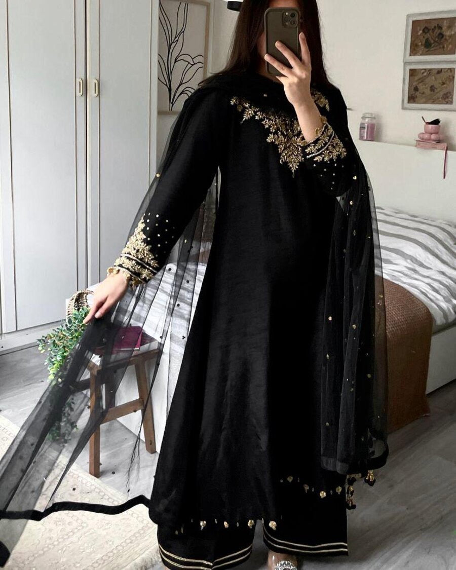 FASHIONABLE CHINON SILK EMBROIDERY SEQUENCE WORK TOP PALAZZO WITH DUPATTA BLACK