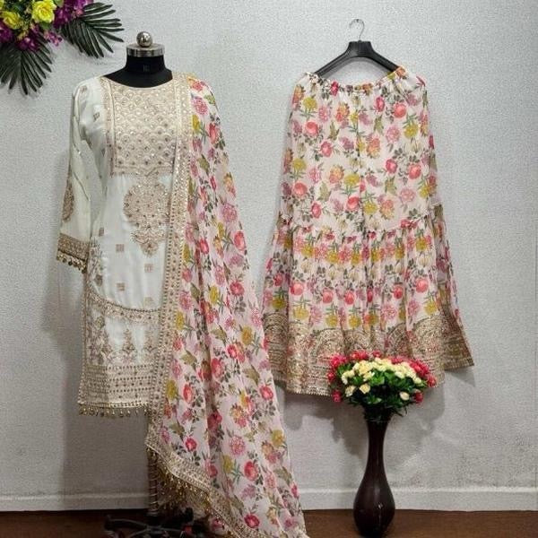 FASHIONABLE CHINON SILK CHINE SEQUENCE WORK TOP SHARARA WITH DUPATTA