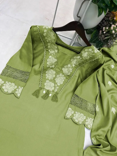 LATEST RAYON SLUB COTTON EMBROIDERY WITH KODI LATKAN LACE WORK TOP BOTTOM WITH DUPATTA