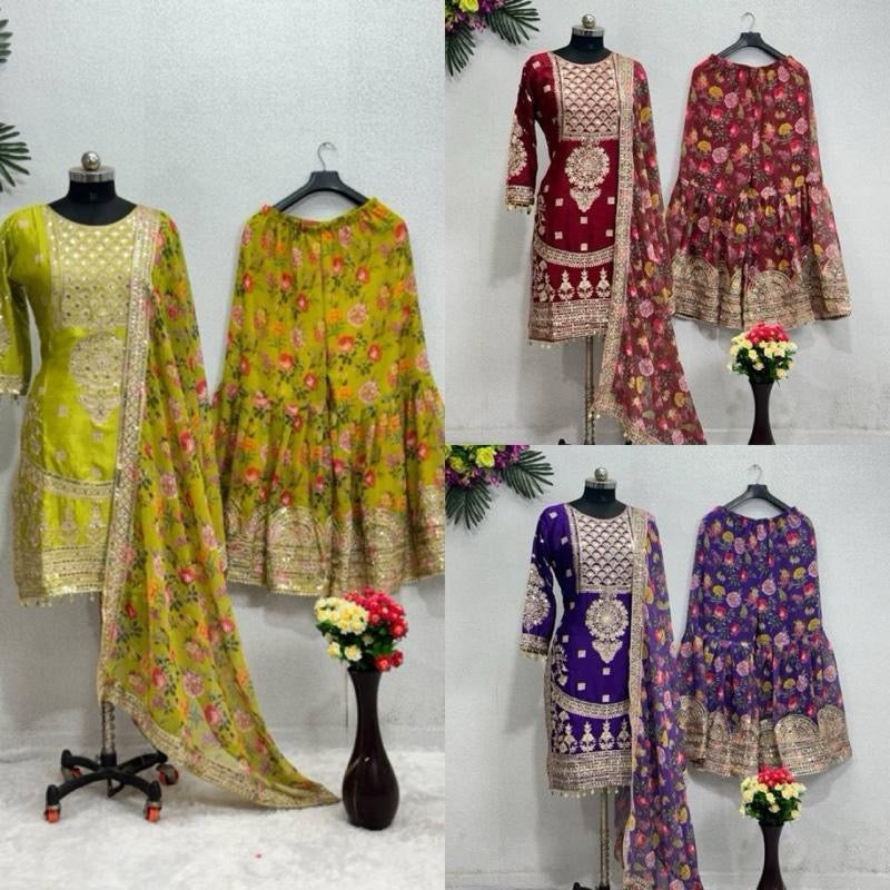 FASHIONABLE CHINON SILK CHINE SEQUENCE WORK TOP SHARARA WITH DUPATTA