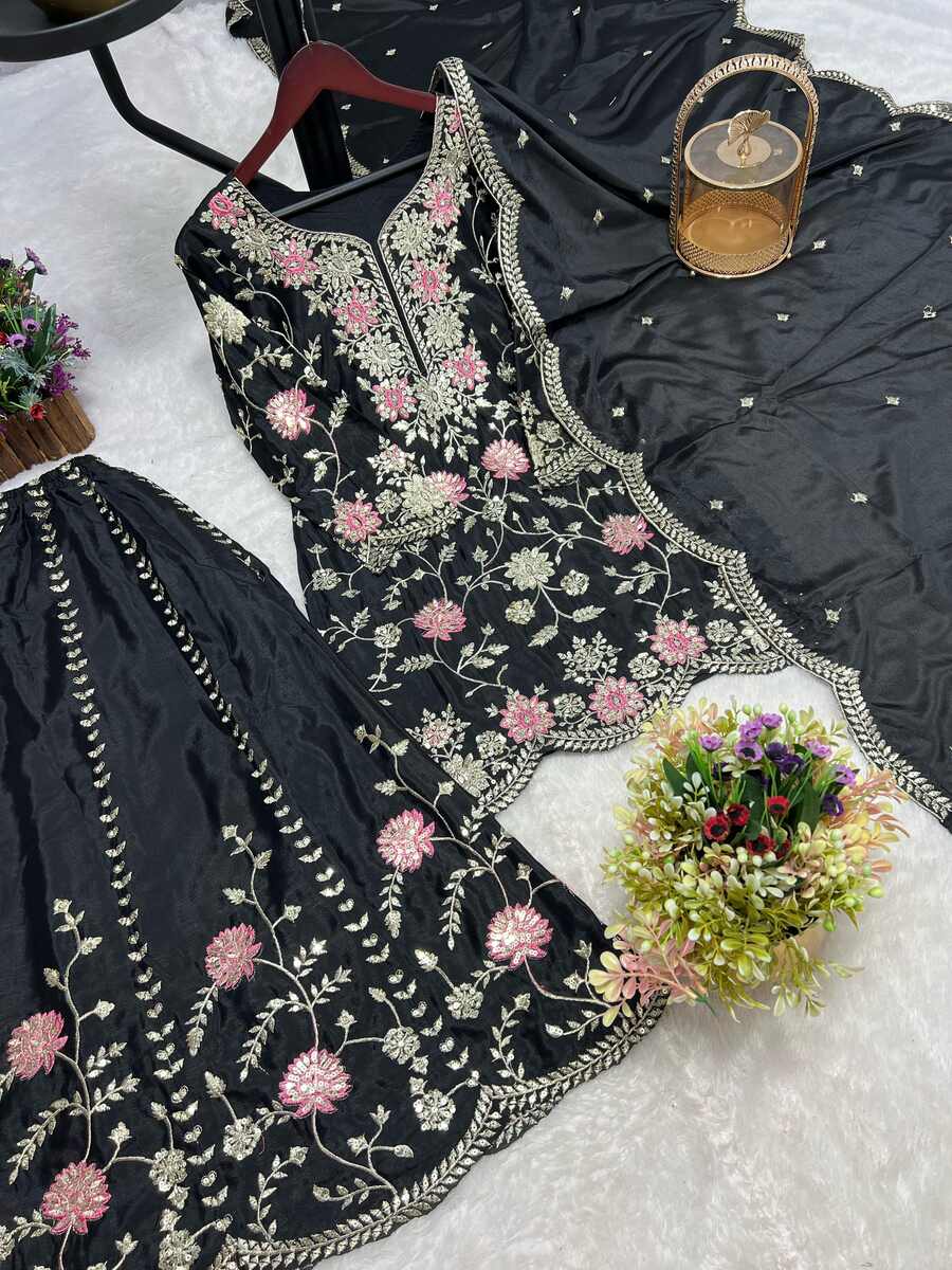 DESIGNER CHINON EMBROIDERY SEQUENCE THREAD WORK TOP PALAZZO WITH DUPATTA