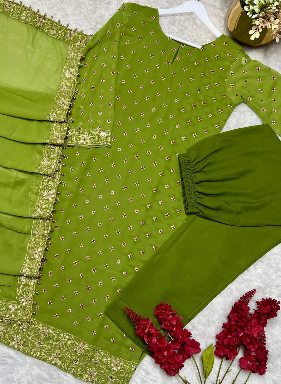ATTRACTIVE GEORGETTE EMBROIDERY SEQUENCE WORK TOP BOTTOM WITH DUPATTA PARROT GREEN