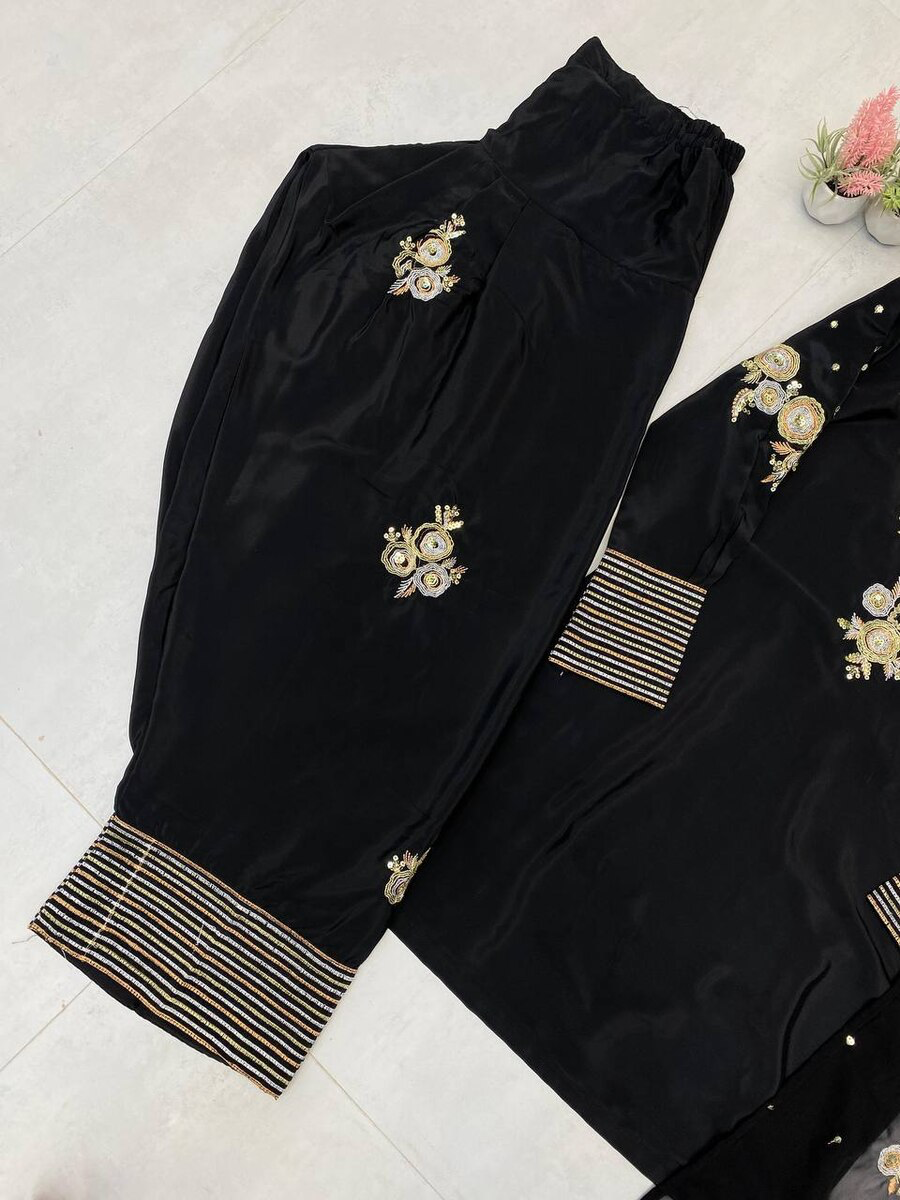 LATEST CREPE SILK SEQUENCE EMBROIDERY WORK TOP PATIYALA WITH DUPATTA BLACK