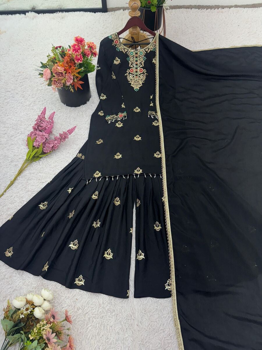 ATTRACTIVE CHINON SILK EMBROIDERY SEQUENCE WORK TOP SHARARA WITH DUPATTA BLACK