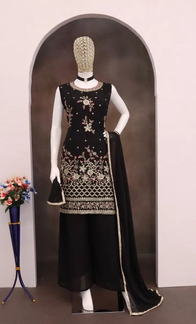RICH LOOK GEORGETTE EMBROIDERY SEQUENCE WORK TOP PALAZZO WITH DUPATTA BLACK