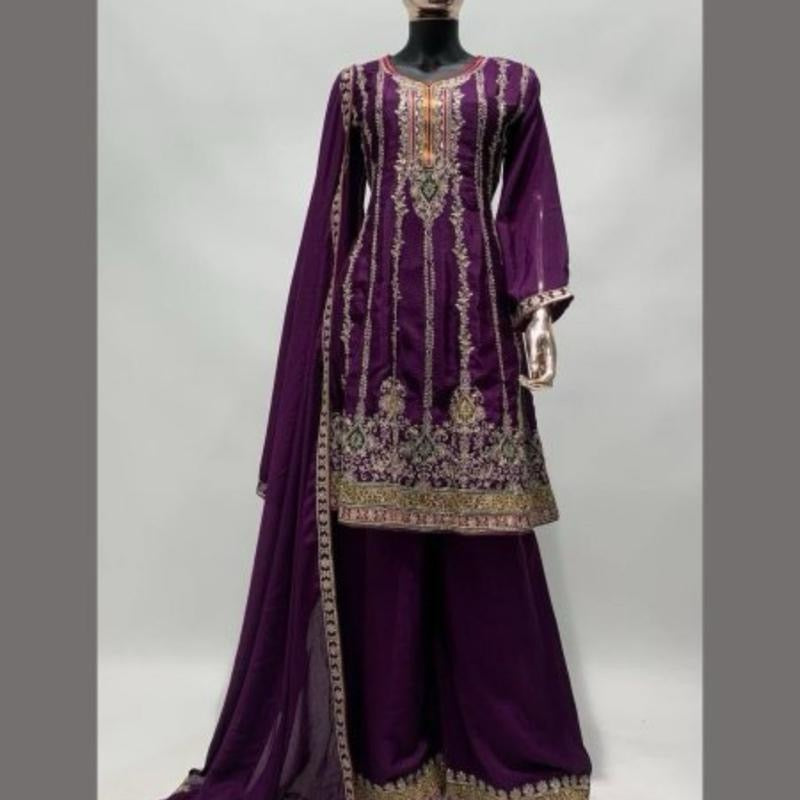 Indian Women's Purple Chinon Fully Stitched Suit Set - Clothing, Womenswear