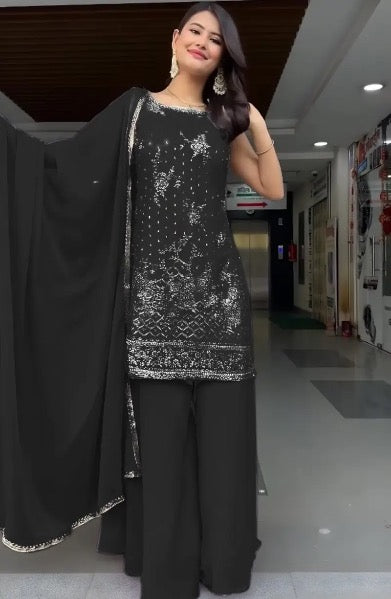 RICH LOOK GEORGETTE EMBROIDERY SEQUENCE WORK TOP PALAZZO WITH DUPATTA BLACK