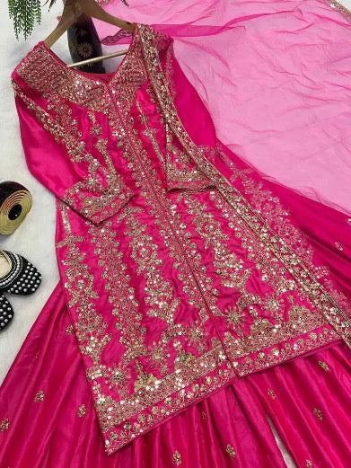 FANCY MALAI SATIN SILK EMBROIDERY SEQUENCE WORK TOP PALAZZO WITH DUPATTA PINK