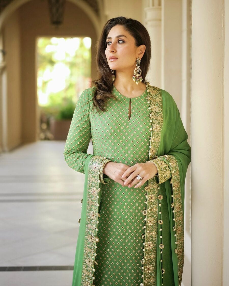 ATTRACTIVE GEORGETTE EMBROIDERY SEQUENCE WORK TOP BOTTOM WITH DUPATTA PARROT GREEN