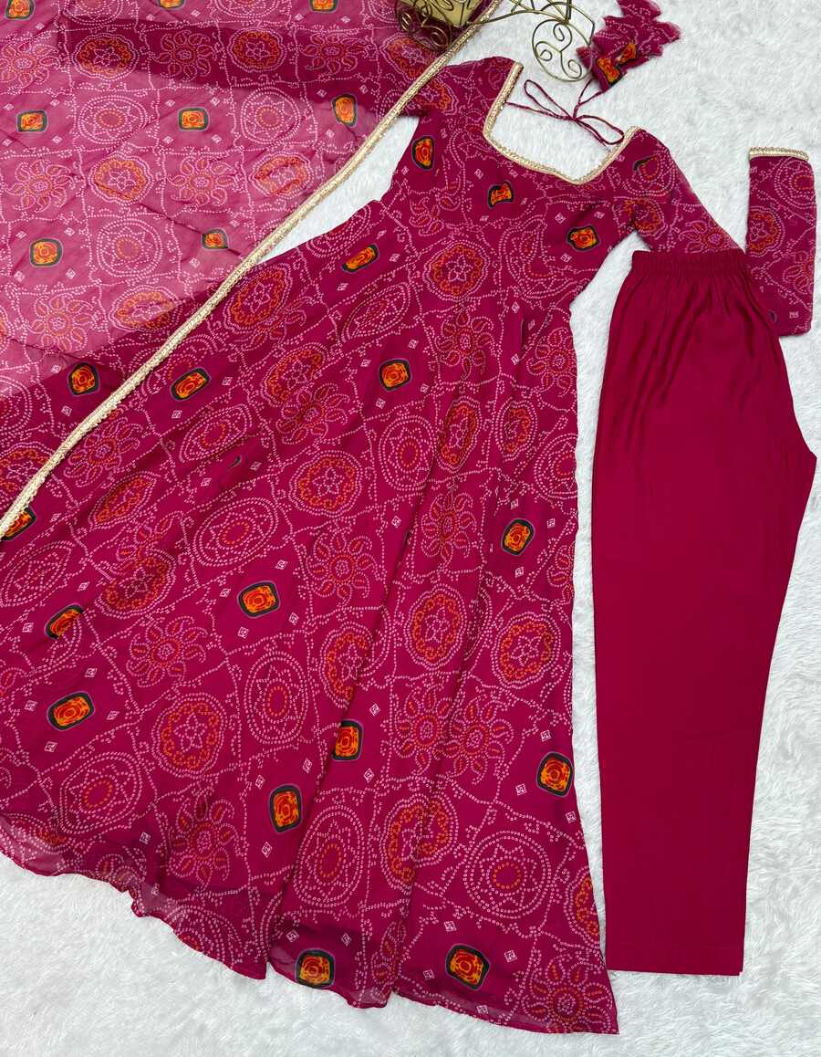 FANCY CHIFFON BANDHEJ PRINTED LACE WORK GOWN BOTTOM WITH DUPATTA
