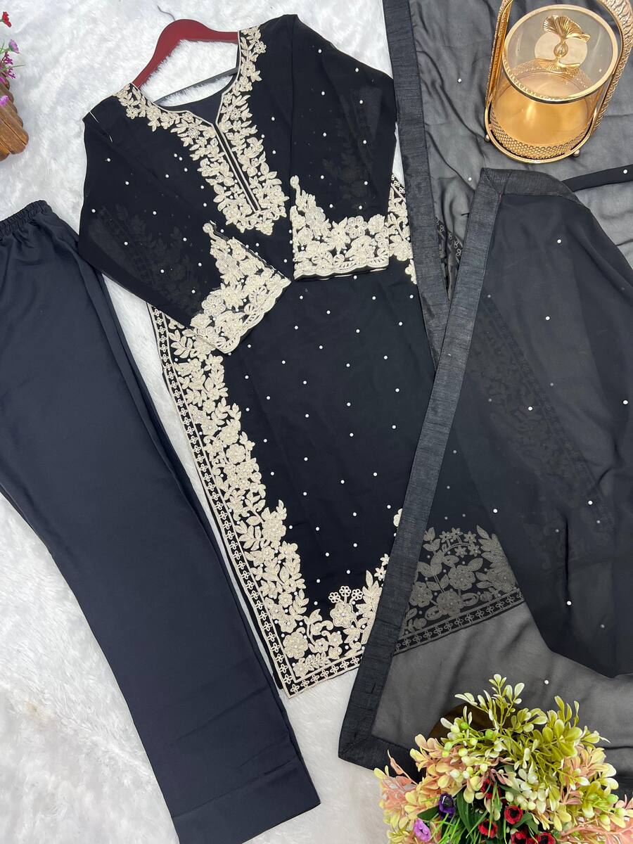 LATEST FAUX GEORGETTE EMBROIDERY AND RIVETED MOTI WORK TOP BOTTOM WITH DUPATTA BLACK