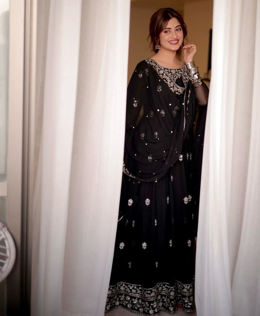 FANCY GEORGETTE EMBROIDERY SEQUENCE WORK GOWN BOTTOM WITH DUPATTA BLACK
