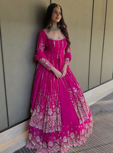 RICH LOOK GEORGETTE EMBROIDERY SEQUENCE WORK TOP LEHENGA WITH DUPATTA PINK