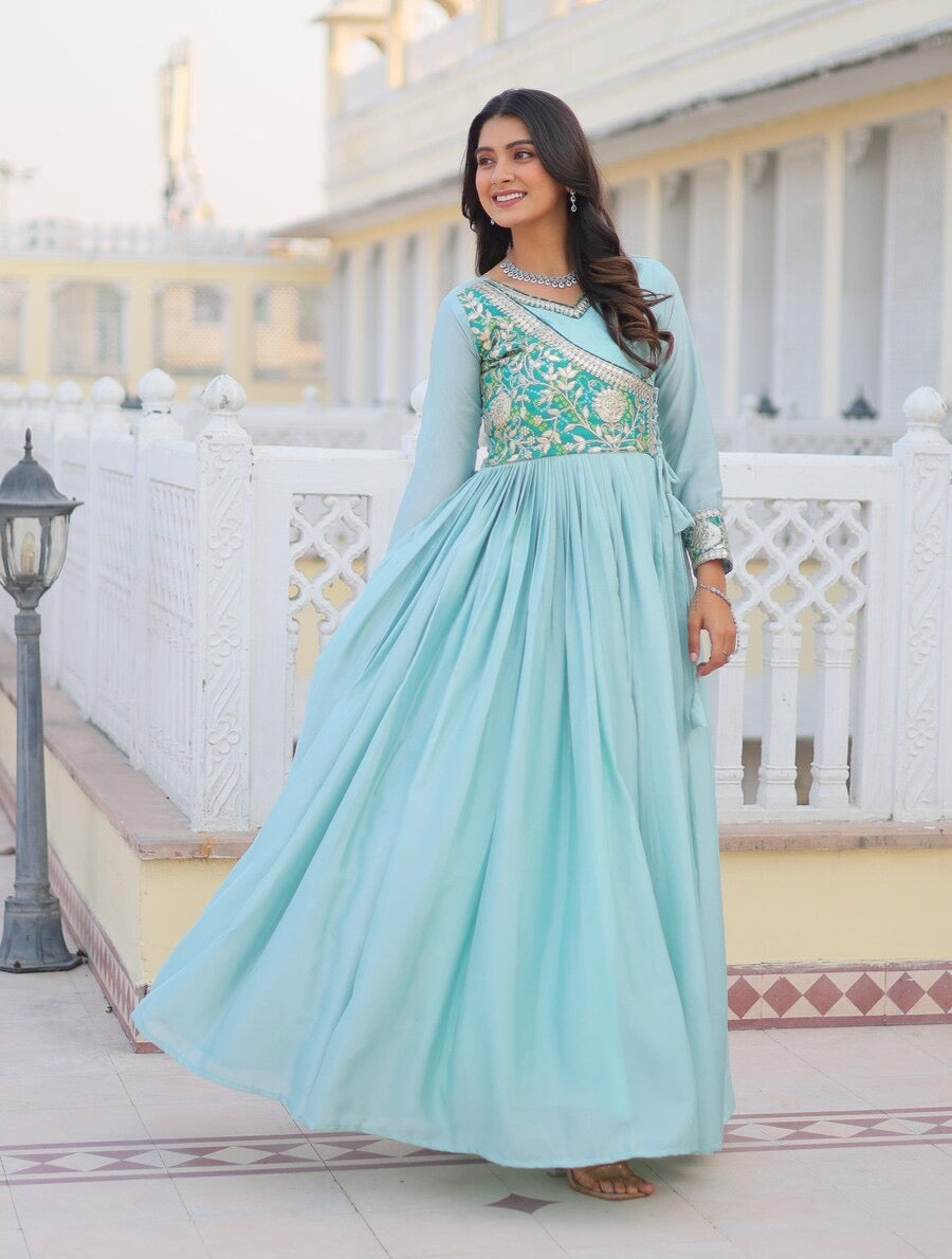 DESIGNER CHINON GOTA PATTI CODING AND BANDHEJ WORK ATTACHED KOTI STYLE GOWN WITH POTALI PURSE SKY BLUE