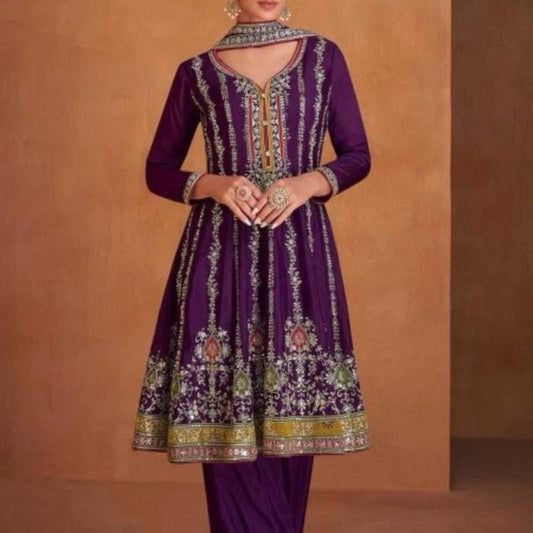 Indian Women's Purple Chinon Fully Stitched Suit Set - Clothing, Womenswear