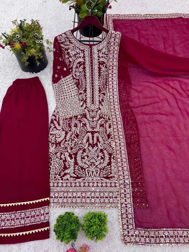 DESIGNER GEORGETTE CHAIN STITCH EMBROIDERY SEQUENCE WITH BEADS WORK TOP PALAZZO WITH DUPATTA PINK SIZE XL